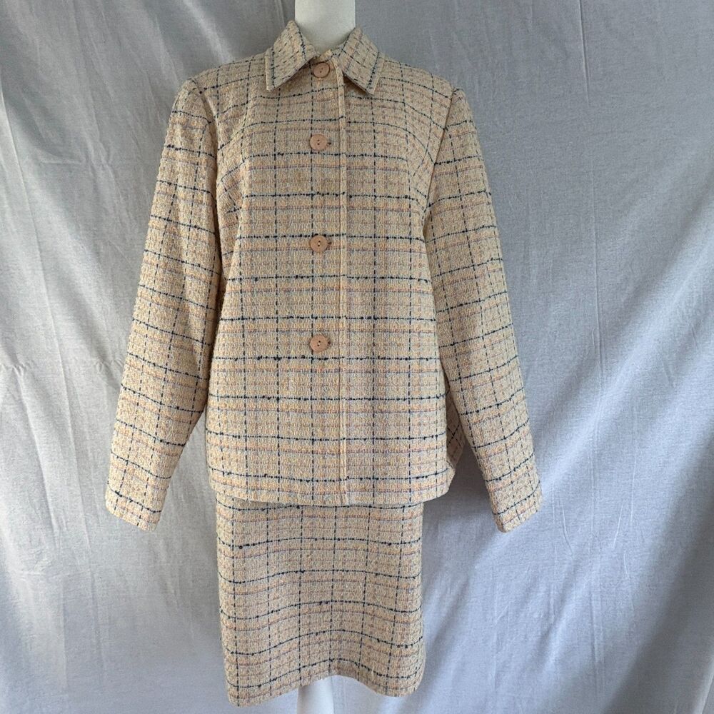 Vintage 90s Sag Harbor Size 12 Boucle Tweed Plaid Skirt Suit 2 Piece